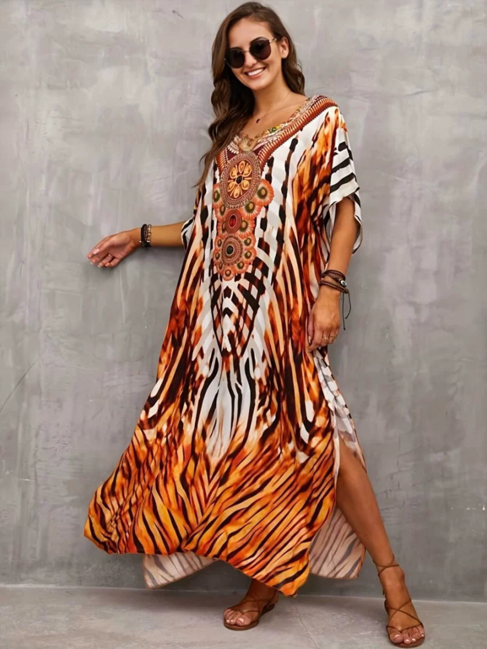 ZARA Beach Cover Up Maxi Dress 4 Way Stretch Printed Mid Sleeve Slit Flared Hem